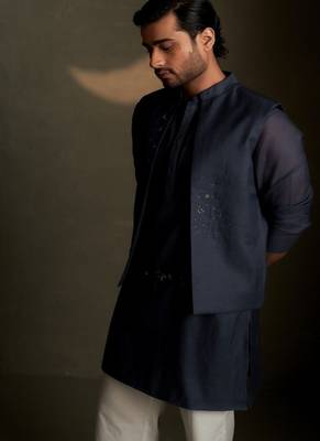 Beige plain chanderi nehru jacket set 4