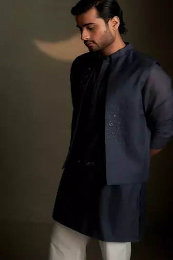 Beige plain chanderi nehru jacket set