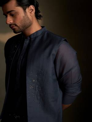 Beige plain chanderi nehru jacket set 5