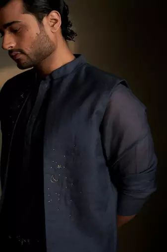 Beige plain chanderi nehru jacket set