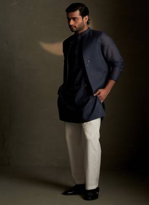 Beige plain chanderi nehru jacket set 1