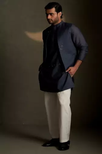 Beige plain chanderi nehru jacket set