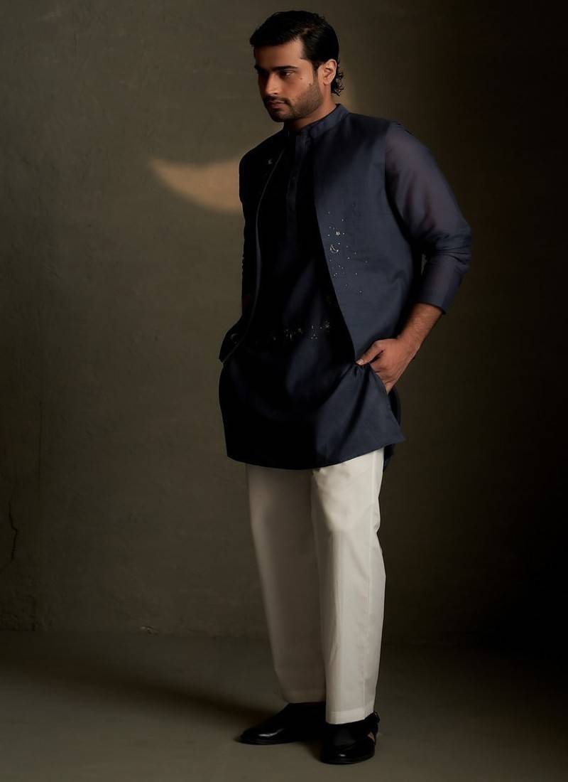 Beige plain chanderi nehru jacket set