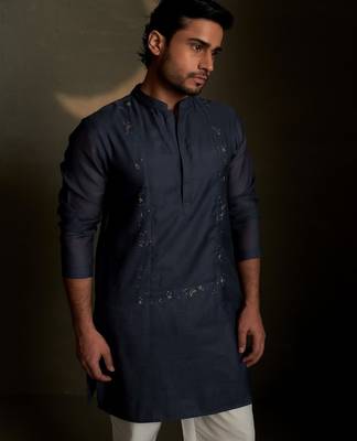 Blue plain chanderi kurta pajama 1