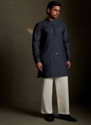 Blue plain chanderi kurta pajama 3