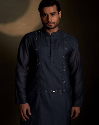 Blue plain chanderi kurta pajama 5