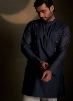 Blue plain chanderi nehru jacket set 2