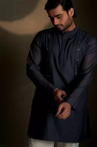 Blue plain chanderi nehru jacket set