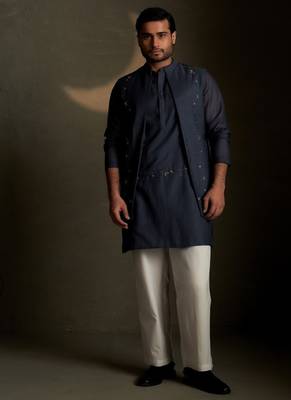 Blue plain chanderi nehru jacket set 1