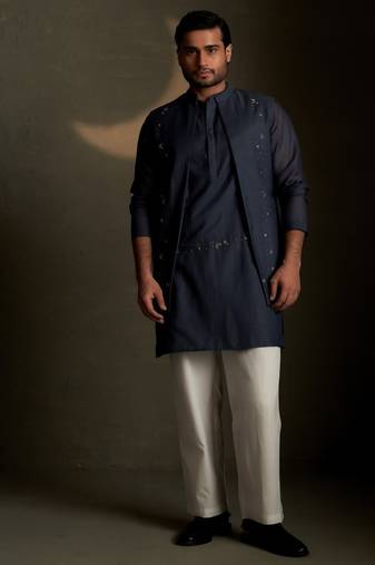 Blue plain chanderi nehru jacket set