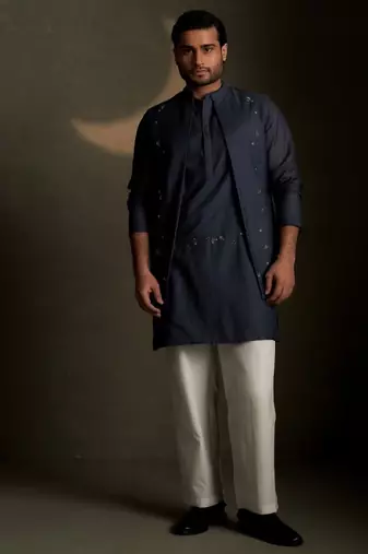 Blue plain chanderi nehru jacket set