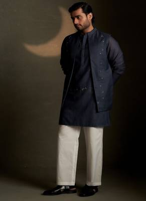 Blue plain chanderi nehru jacket set 3