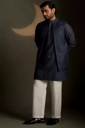 Blue plain chanderi nehru jacket set