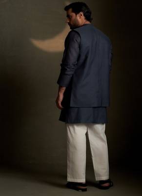 Blue plain chanderi nehru jacket set 4