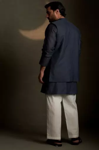 Blue plain chanderi nehru jacket set