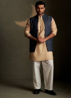 Blue embroidered chanderi nehru jacket paired with beige kurta set 1