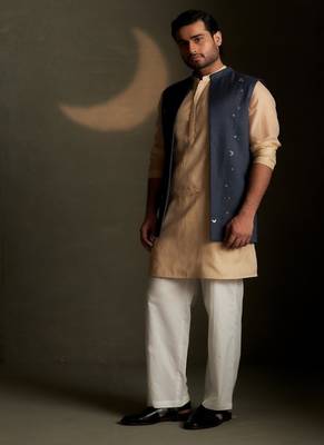 Blue embroidered chanderi nehru jacket paired with beige kurta set 2