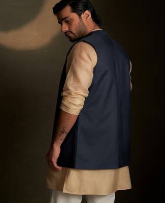 Blue embroidered chanderi nehru jacket paired with beige kurta set 3