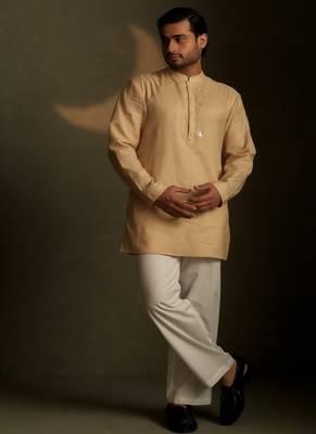Beige plain chanderi kurta pajama 1