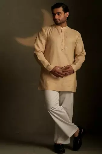 Beige plain chanderi kurta pajama