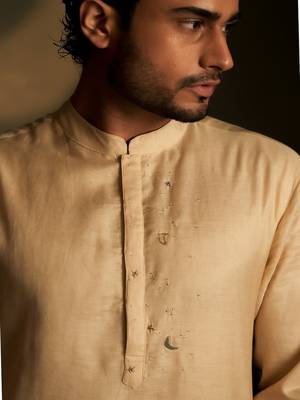 Beige plain chanderi kurta pajama 2