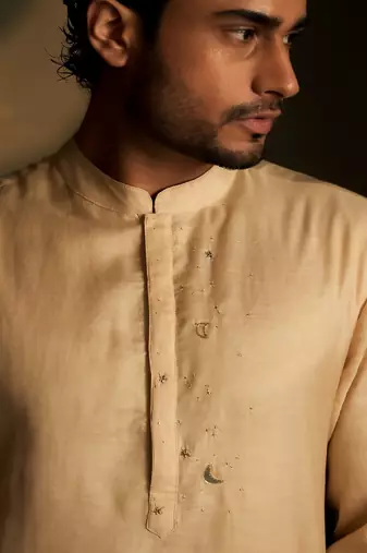 Beige plain chanderi kurta pajama