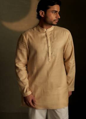 Beige plain chanderi kurta pajama 3