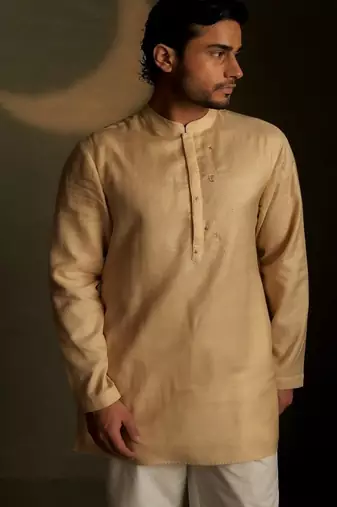Beige plain chanderi kurta pajama
