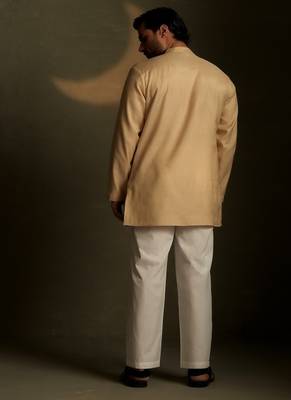 Beige plain chanderi kurta pajama 4