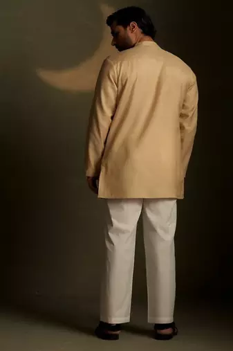 Beige plain chanderi kurta pajama