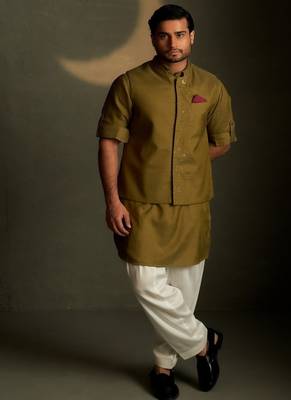 Green plain chanderi nehru jacket set 1