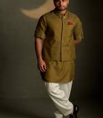 Green plain chanderi nehru jacket set