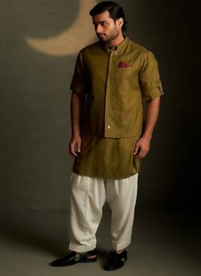 Green plain chanderi nehru jacket set 2