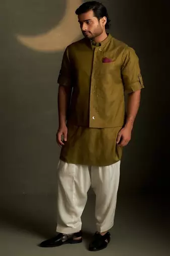 Green plain chanderi nehru jacket set