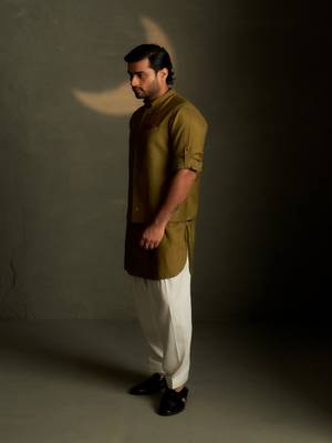 Green plain chanderi nehru jacket set 3