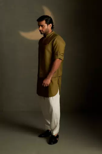 Green plain chanderi nehru jacket set