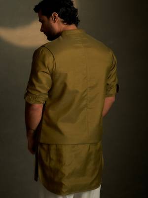 Green plain chanderi nehru jacket set 4