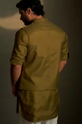 Green plain chanderi nehru jacket set