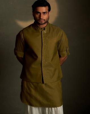 Green plain chanderi nehru jacket set 5