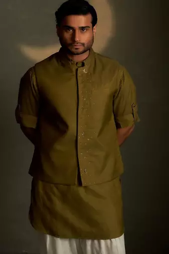 Green plain chanderi nehru jacket set