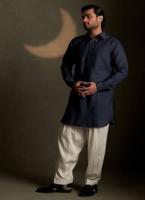 Blue plain chanderi kurta pajama 1