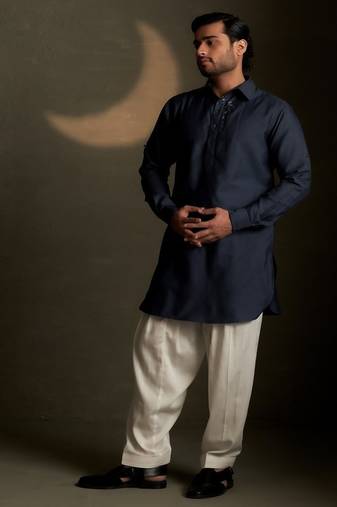 Blue plain chanderi kurta pajama