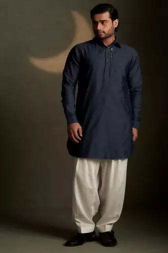 Blue plain chanderi kurta pajama