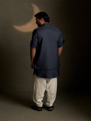 Blue embroidered chanderi nehru jacket set 2