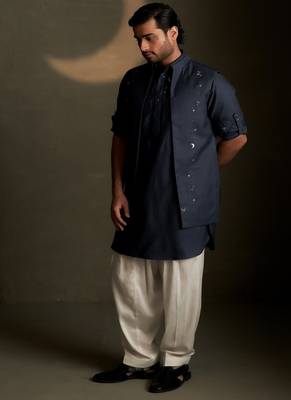 Blue embroidered chanderi nehru jacket set 1