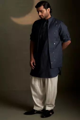 Blue embroidered chanderi nehru jacket set