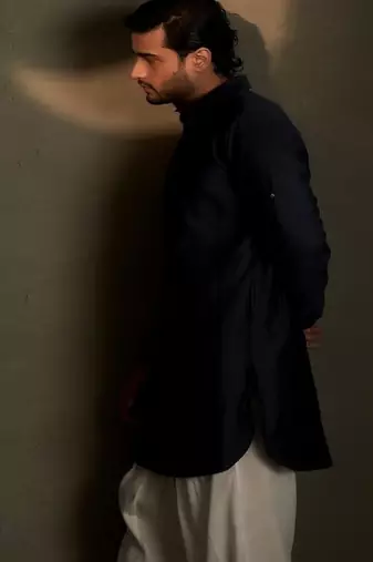 Blue embroidered chanderi nehru jacket set