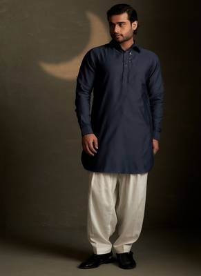 Blue embroidered chanderi nehru jacket set 4
