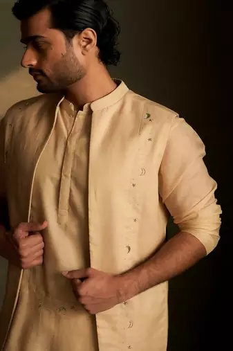 Beige plain chanderi nehru jacket