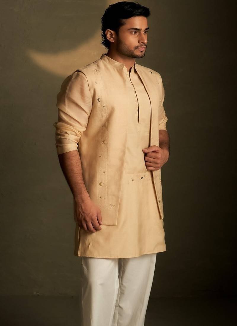 Beige plain chanderi nehru jacket